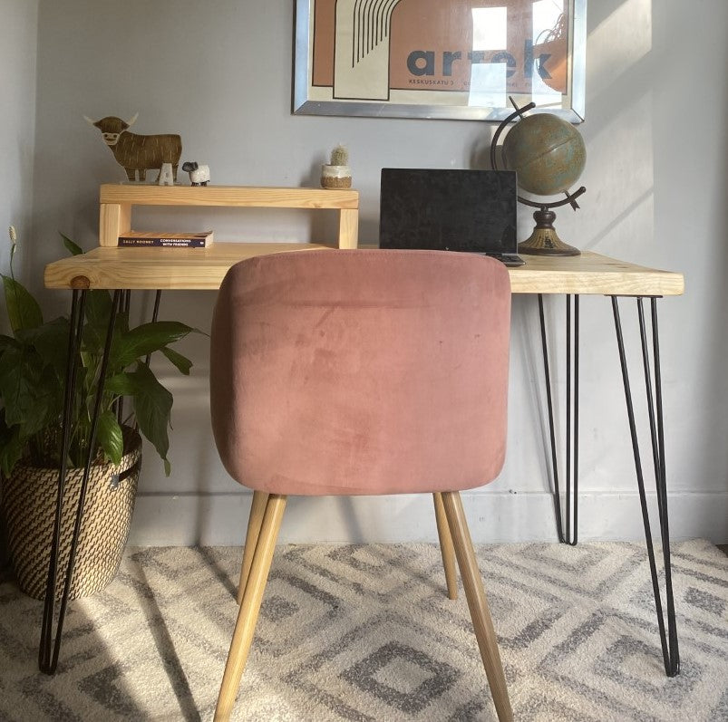 Industrial Redwood Pine Desk with Black Steel Hairpin Legs, Half Shelf, and Riser – Functional, Mid-Century Modern Office Furniture