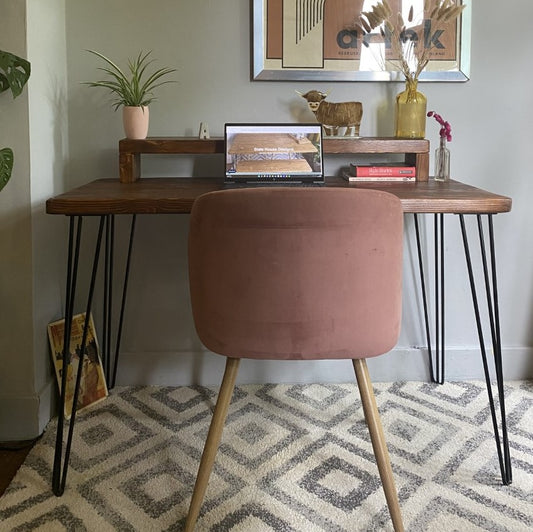 Versatile Industrial Redwood Pine Desk with Riser Shelf and Black Steel Hairpin Legs – Functional and Stylish Modern Workspace