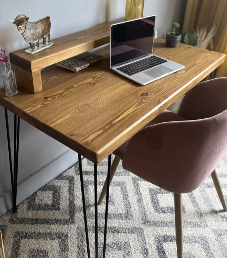 Industrial Redwood Pine Desk with Black Steel Legs, Mid Shelf, and Riser – Practical Mid-Century Modern Workspace