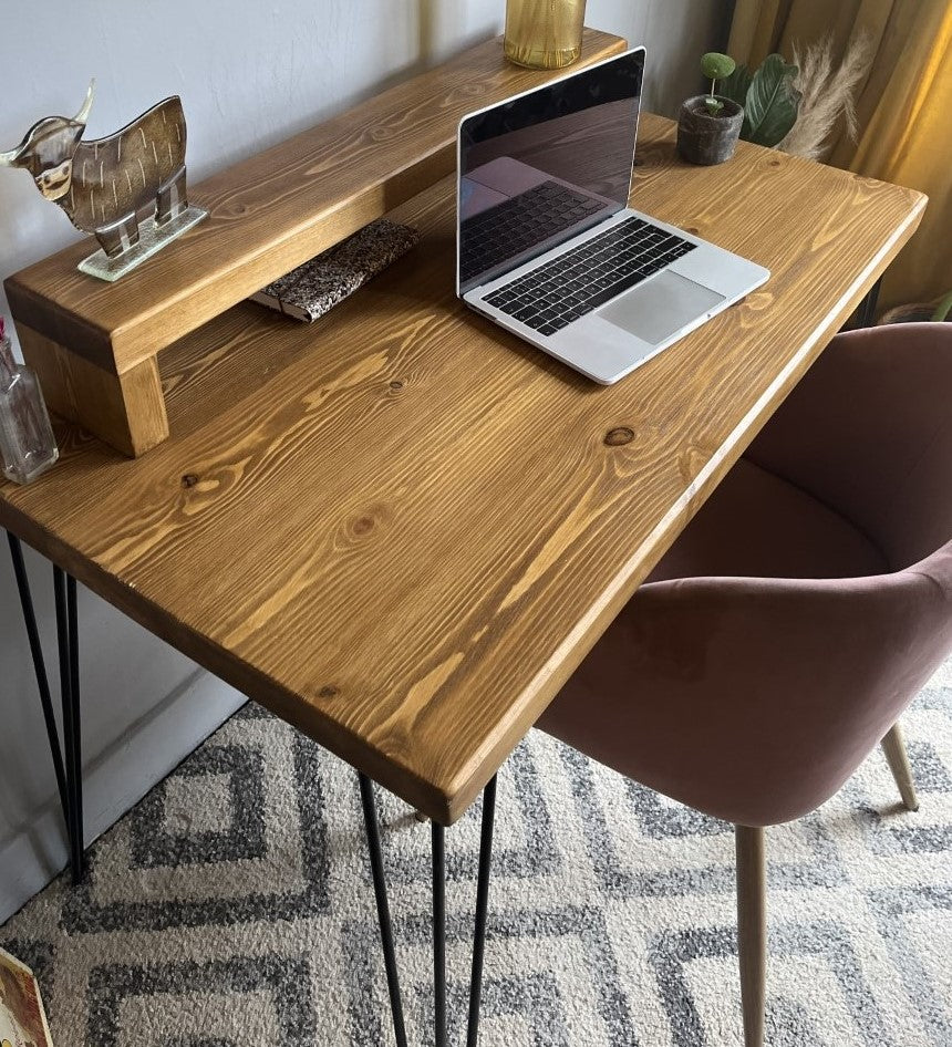 Industrial Redwood Pine Desk with Black Steel Legs, Mid Shelf, and Riser – Practical Mid-Century Modern Workspace