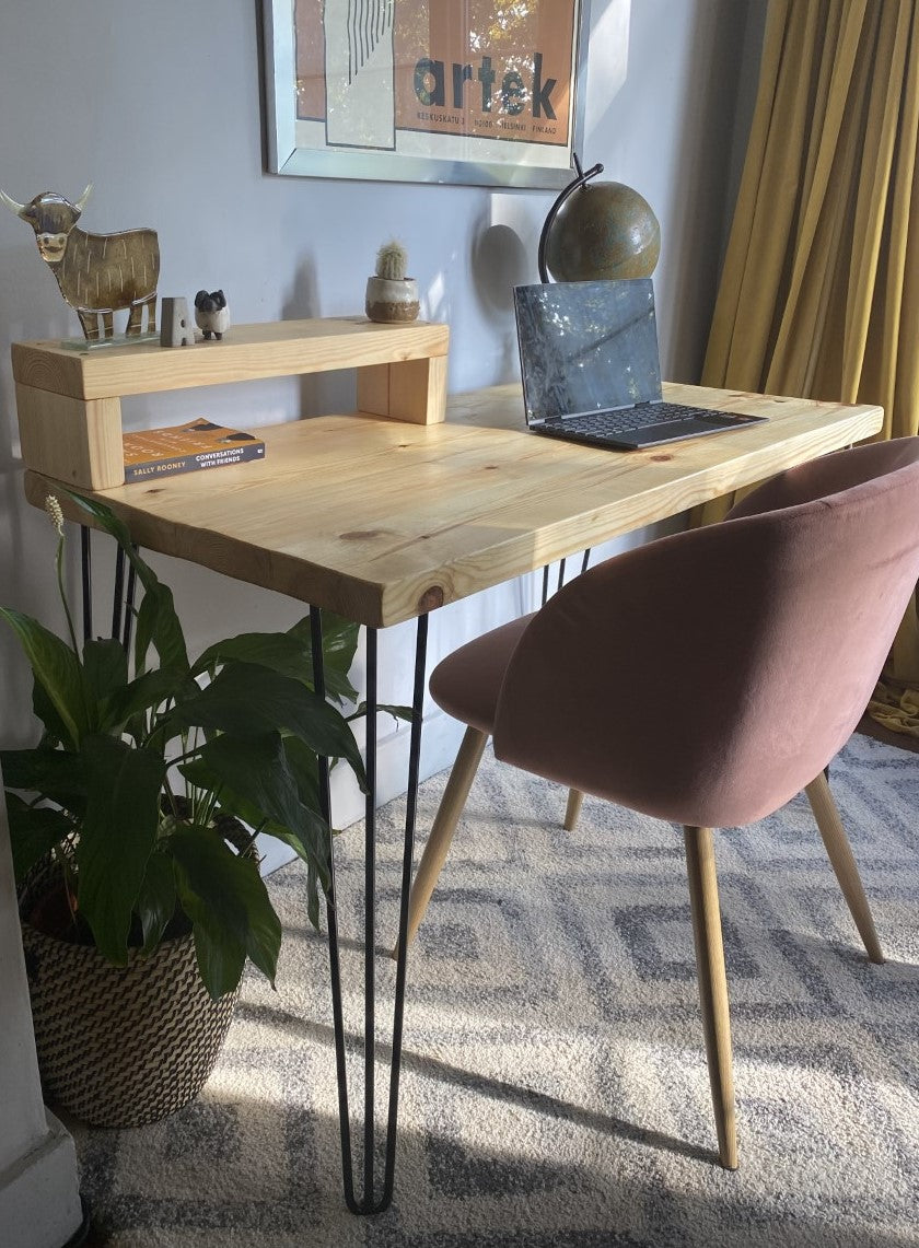 Industrial Redwood Pine Desk with Black Steel Hairpin Legs, Half Shelf, and Riser – Functional, Mid-Century Modern Office Furniture