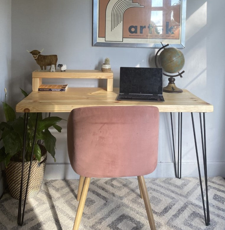 Industrial Redwood Pine Desk with Black Steel Hairpin Legs, Half Shelf, and Riser – Functional, Mid-Century Modern Office Furniture