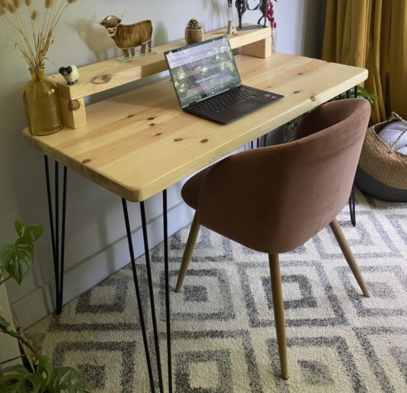 Industrial Redwood Pine Desk with Black Steel Hairpin Legs, Mid Shelf, and Riser – Stylish Mid-Century Modern Workspace