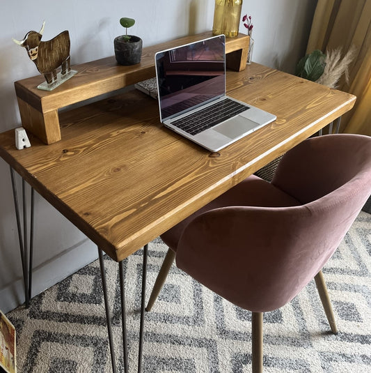 Industrial Redwood Pine Desk with Black Steel Hairpin Legs, Mid Shelf, and Riser Shelf – Practical Mid-Century Modern Workspace