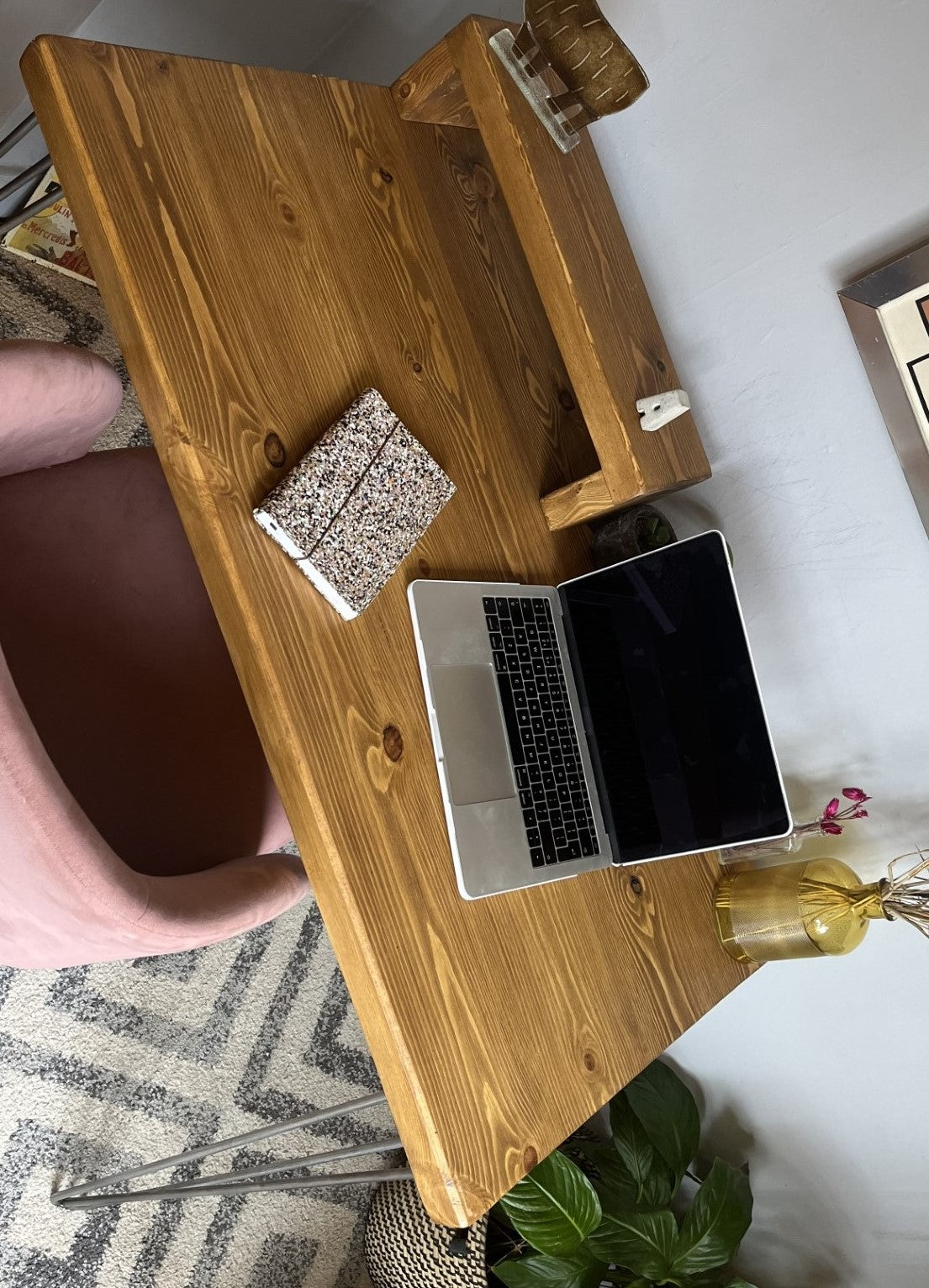 Industrial Redwood Pine Desk with Black Steel Hairpin Legs, Half Shelf, and Riser – Customisable Mid-Century Modern Workspace