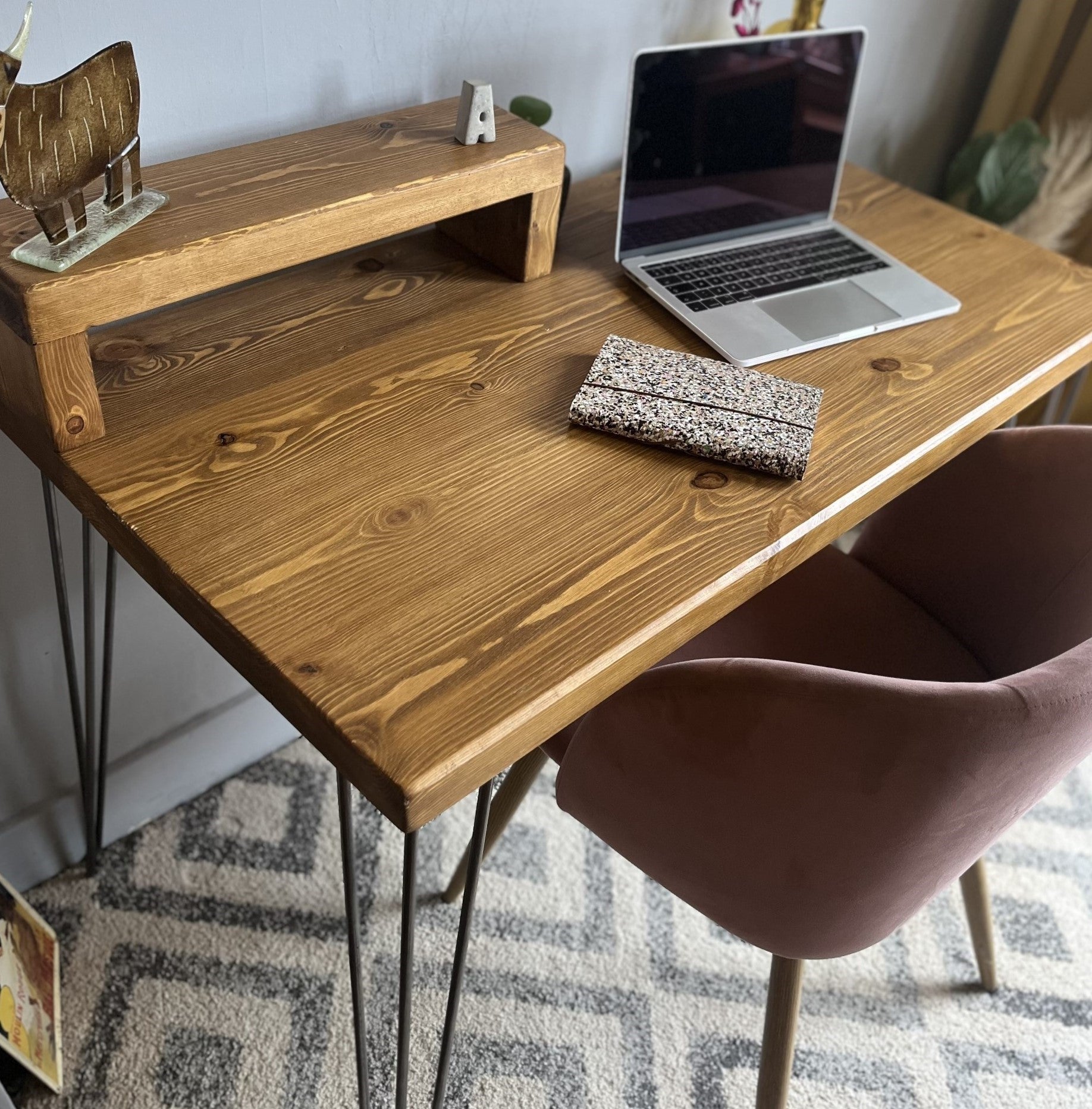 Industrial Redwood Pine Desk with Black Steel Hairpin Legs, Half Shelf, and Riser – Customisable Mid-Century Modern Workspace