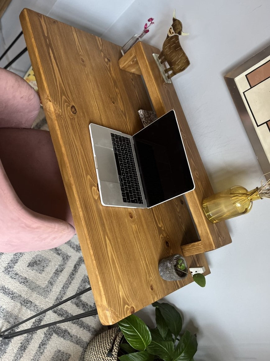 Industrial Redwood Pine Desk with Black Steel Legs, Mid Shelf, and Riser – Practical Mid-Century Modern Workspace