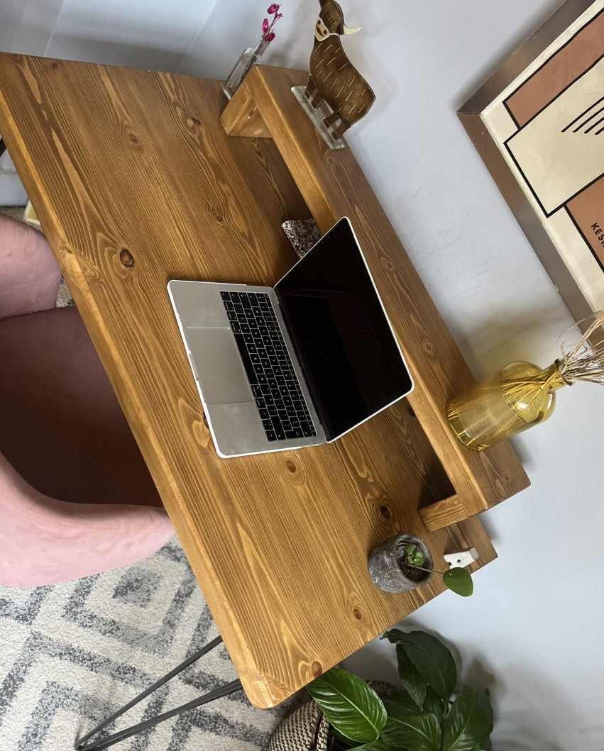 Industrial Redwood Pine Desk with Black Steel Legs, Mid Shelf, and Riser – Practical Mid-Century Modern Workspace