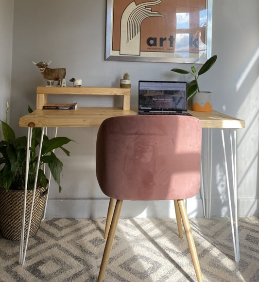 Industrial Redwood Pine Desk with White Steel Hairpin Legs, Half Shelf, and Riser Shelf – Functional Mid-Century Modern Workspace