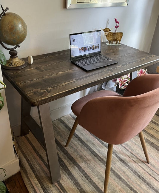 Redwood pine desk with sleek steel A-frame legs, ideal for modern, mid-century inspired home office spaces