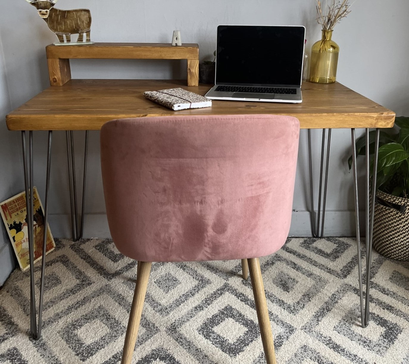 Industrial Redwood Pine Desk with Black Steel Hairpin Legs, Half Shelf, and Riser – Customisable Mid-Century Modern Workspace