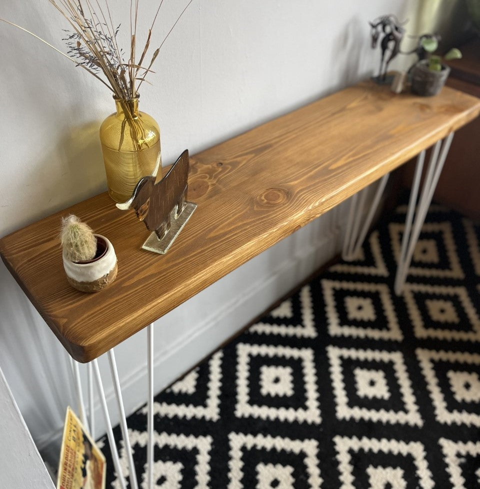 Industrial Redwood Pine Console Table with Steel Hairpin Legs – Stylish Mid-Century Modern Rustic Design