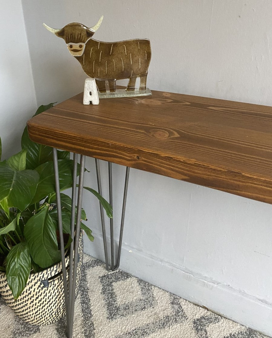 Industrial Redwood Pine Console Table with Raw Steel Hairpin Legs – Sleek and Rustic Mid-Century Modern Design