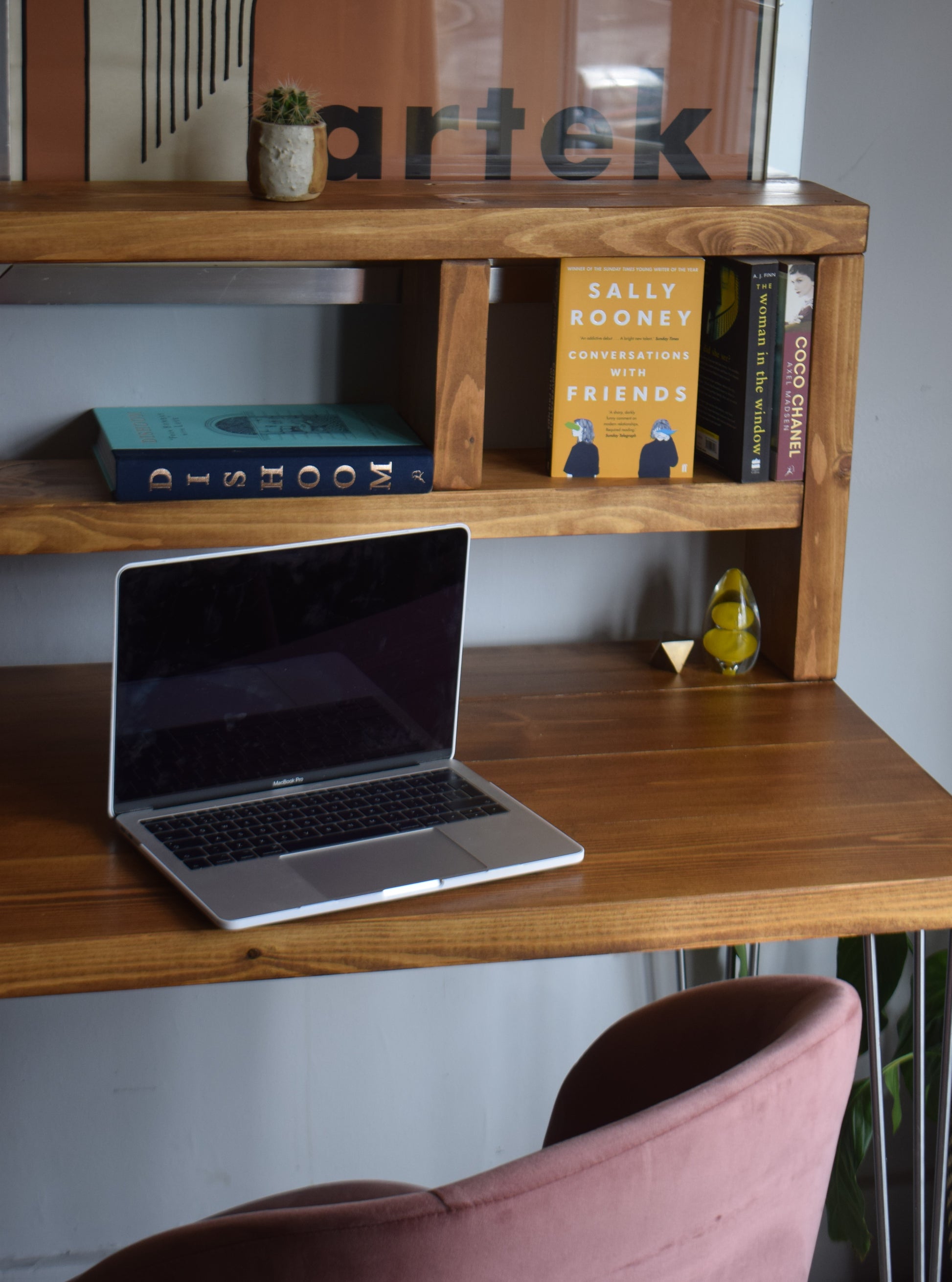 Industrial redwood pine desk with raw steel hairpin legs and tall shelf for added storage.