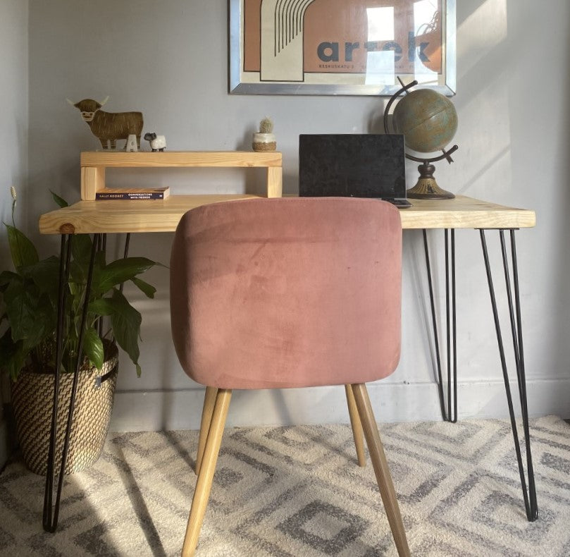 Industrial Redwood Pine Desk with Black Steel Hairpin Legs, Half Shelf, and Riser – Functional, Mid-Century Modern Office Furniture