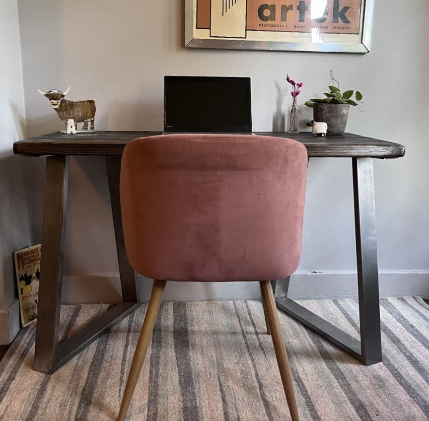 Industrial Redwood Pine Desks with Steel Trapezium Frame Legs - Mid-Century Modern Home Office Furniture |Scandi Style|