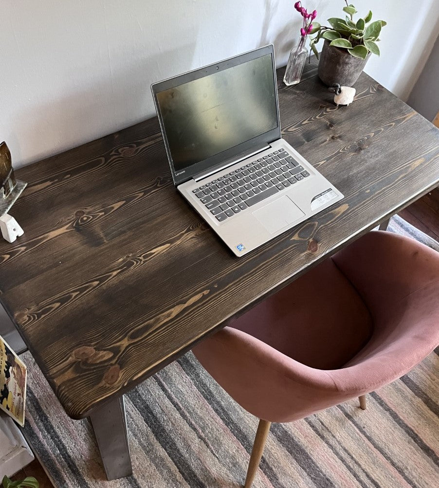 Industrial Redwood Pine Desks with Steel Trapezium Frame Legs - Mid-Century Modern Home Office Furniture |Scandi Style|