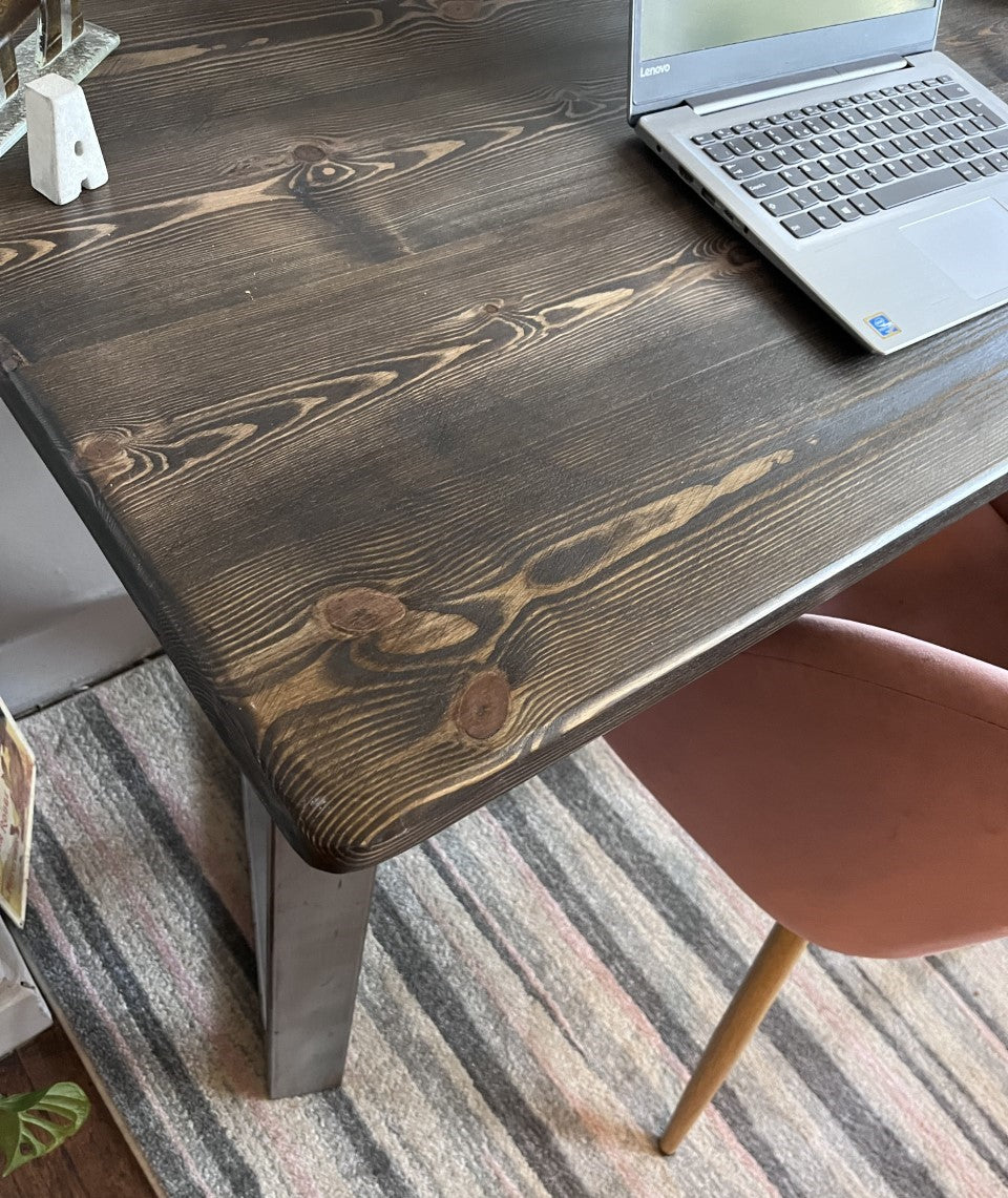 Industrial Redwood Pine Desks with Steel Trapezium Frame Legs - Mid-Century Modern Home Office Furniture |Scandi Style|