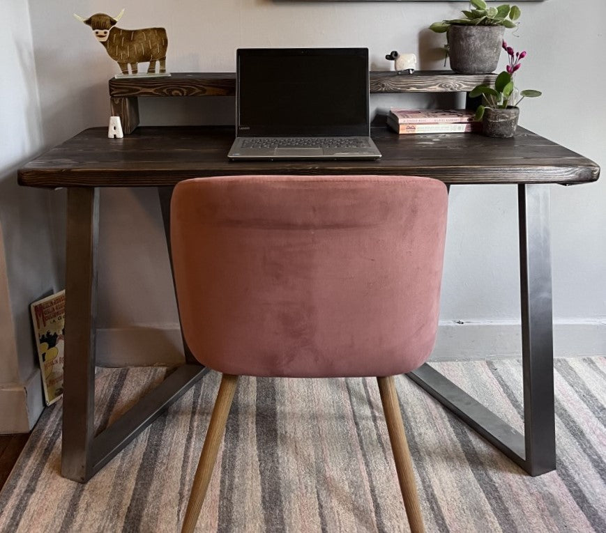 Industrial Redwood Pine Desks with Steel Trapezium Frame Legs - Mid-Century Modern Home Office Furniture Mid Shelf Desk |Scandi Style|