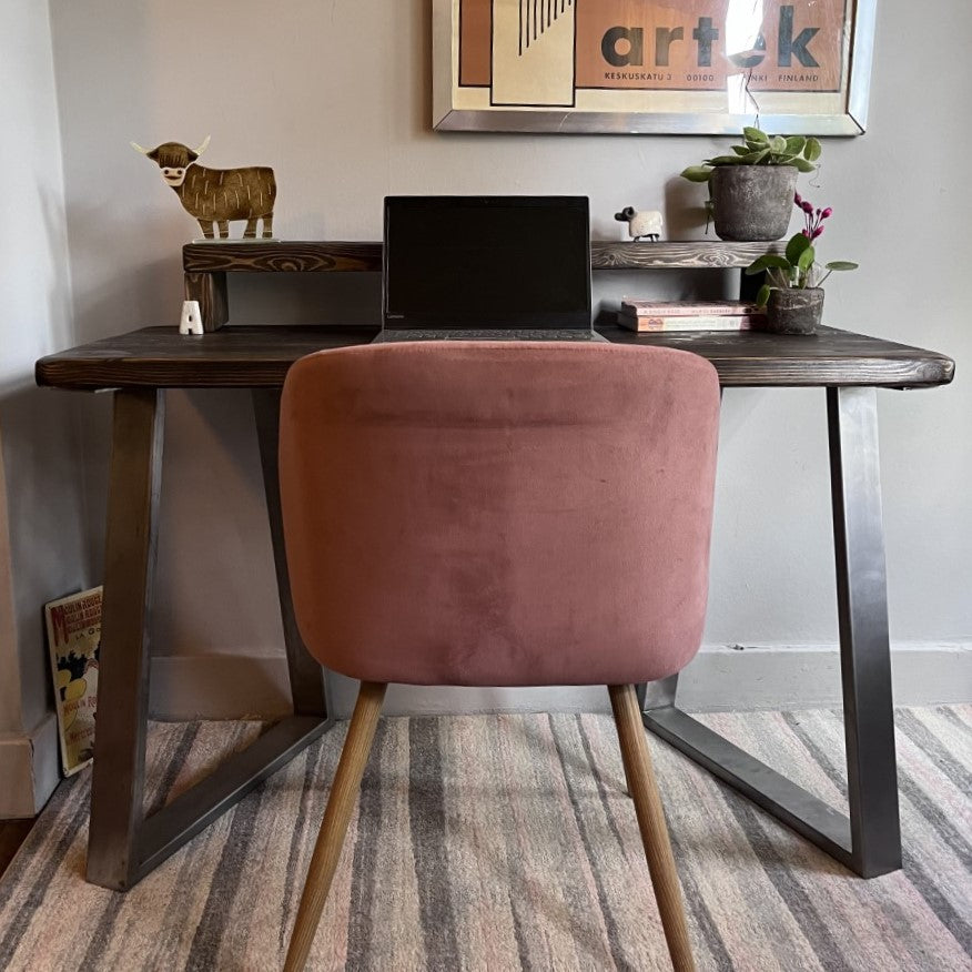 Industrial Redwood Pine Desks with Steel Trapezium Frame Legs - Mid-Century Modern Home Office Furniture Mid Shelf Desk |Scandi Style|