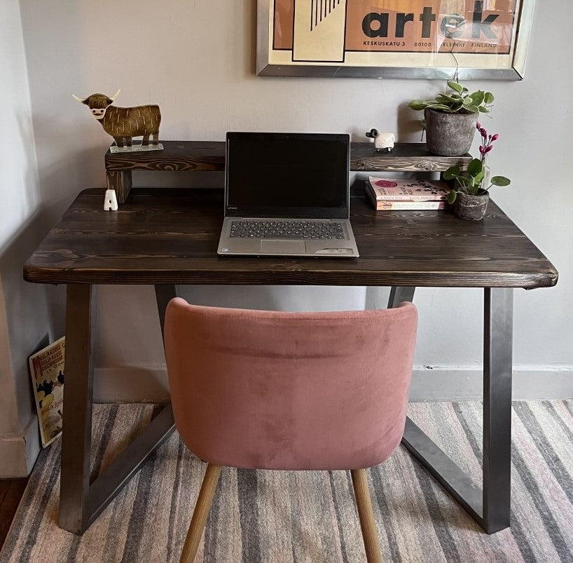 Industrial Redwood Pine Desks with Steel Trapezium Frame Legs - Mid-Century Modern Home Office Furniture Mid Shelf Desk |Scandi Style|