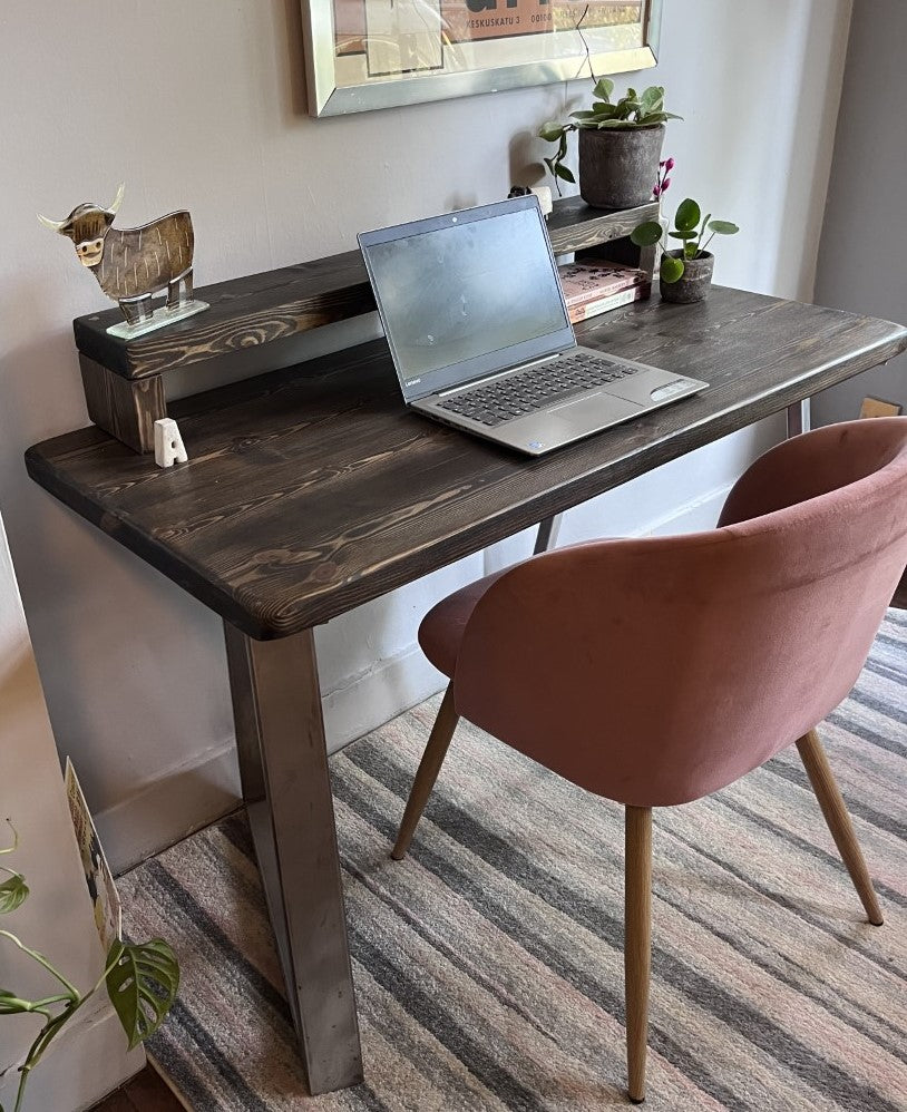 Industrial Redwood Pine Desks with Steel Trapezium Frame Legs - Mid-Century Modern Home Office Furniture Mid Shelf Desk |Scandi Style|