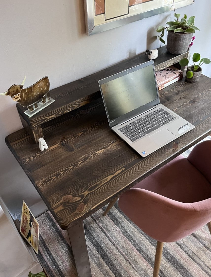 Industrial Redwood Pine Desks with Steel Trapezium Frame Legs - Mid-Century Modern Home Office Furniture Mid Shelf Desk |Scandi Style|