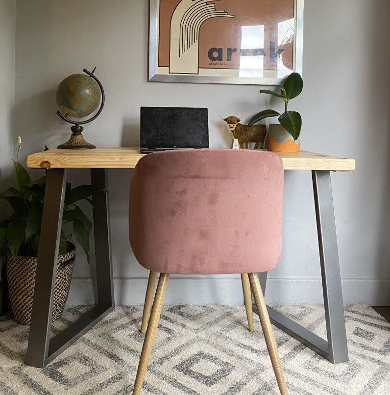 Industrial Redwood Pine Desks with Steel Trapezium Frame Legs - Mid-Century Modern Home Office Furniture Scandi Style