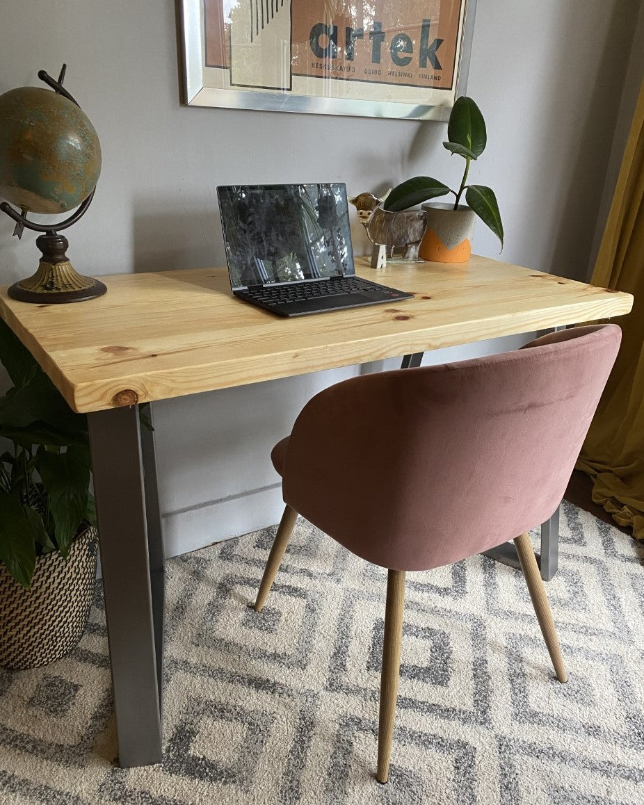 Industrial Redwood Pine Desks with Steel Trapezium Frame Legs - Mid-Century Modern Home Office Furniture Scandi Style