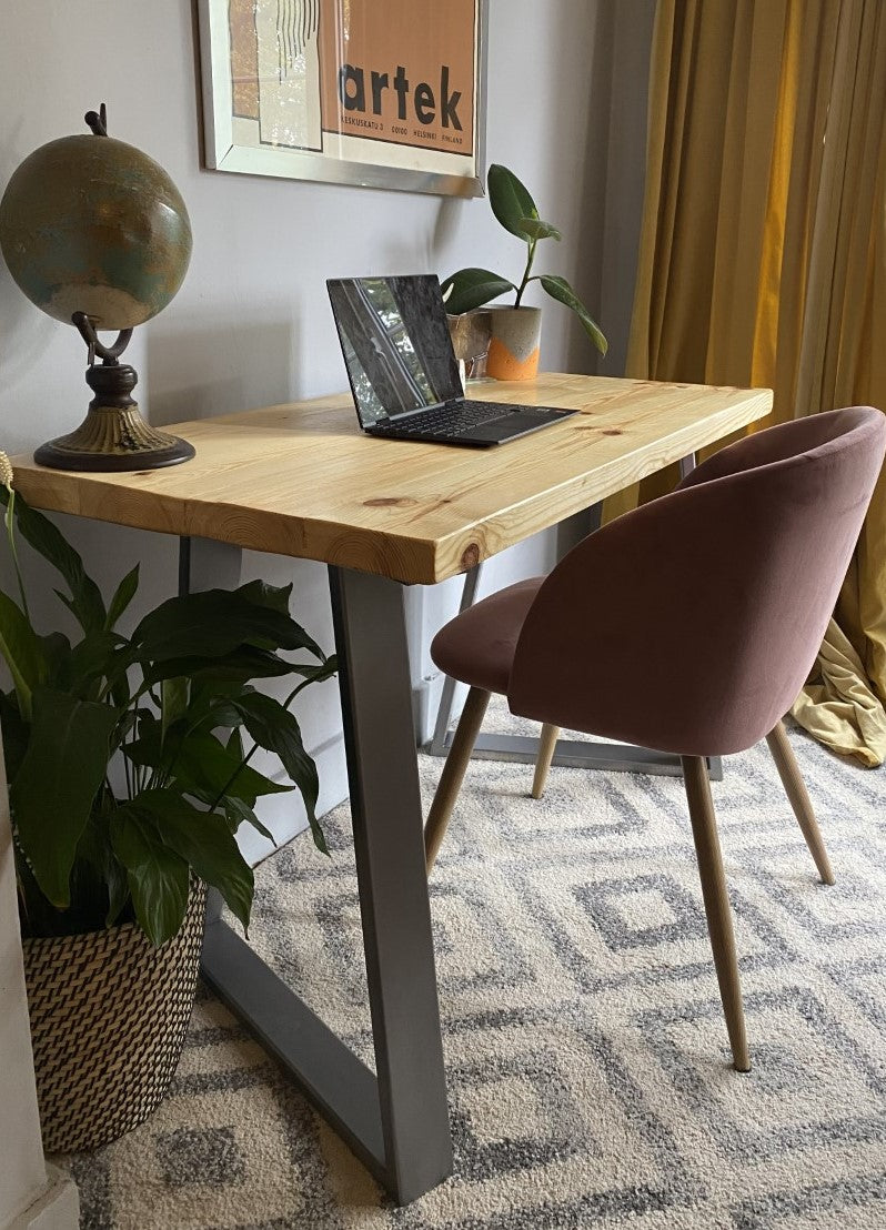 Industrial Redwood Pine Desks with Steel Trapezium Frame Legs - Mid-Century Modern Home Office Furniture Scandi Style