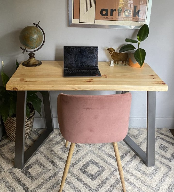 Industrial Redwood Pine Desks with Steel Trapezium Frame Legs - Mid-Century Modern Home Office Furniture Scandi Style