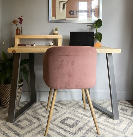 Industrial Redwood Pine Desks with Steel Trapezium Frame Legs - Mid-Century Modern Home Office Furniture Shelf Half Desk Scandi Style