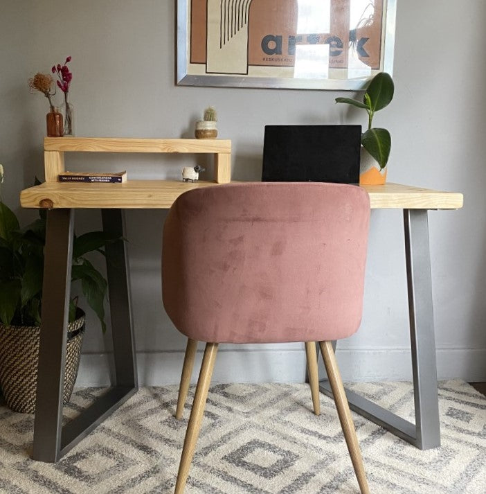 Industrial Redwood Pine Desks with Steel Trapezium Frame Legs - Mid-Century Modern Home Office Furniture Shelf Half Desk Scandi Style