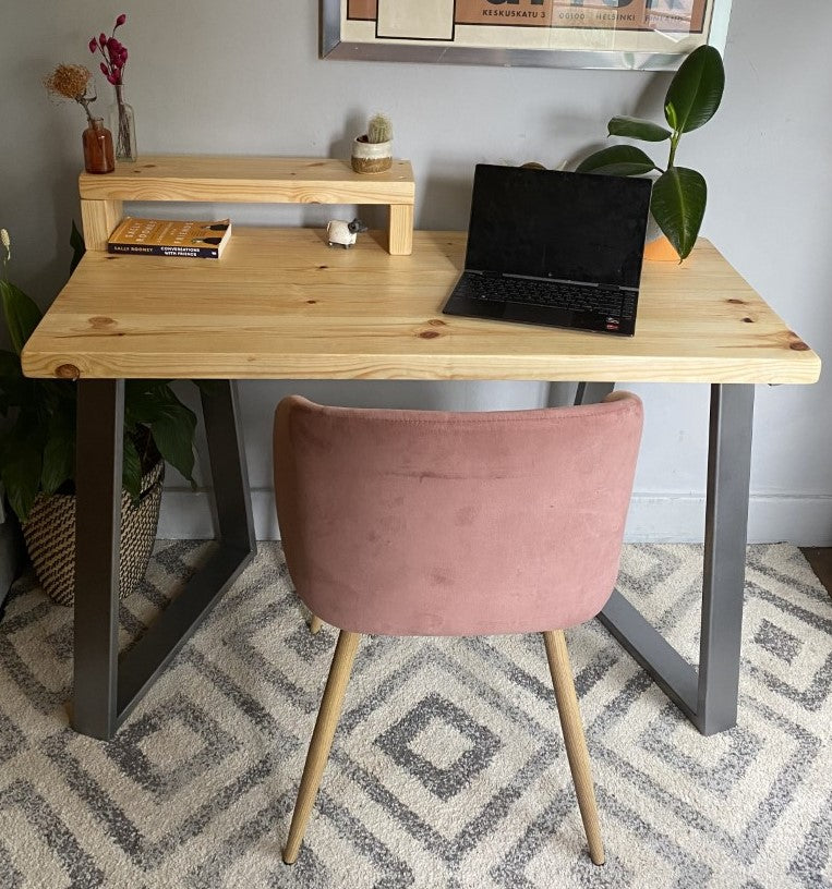 Industrial Redwood Pine Desks with Steel Trapezium Frame Legs - Mid-Century Modern Home Office Furniture Shelf Half Desk Scandi Style