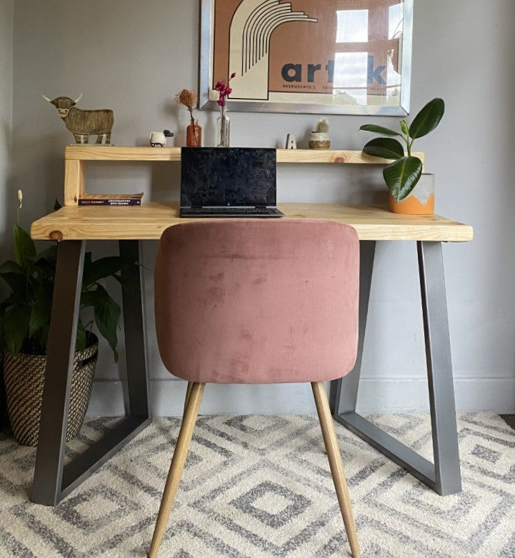 Industrial Redwood Pine Desks with Steel Trapezium Frame Legs - Mid-Century Modern Home Office Furniture Shelf Desk Scandi Style