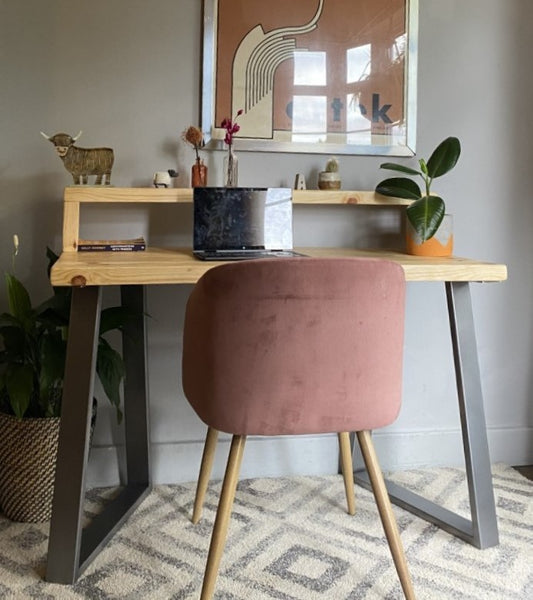 Industrial Redwood Pine Desks with Steel Trapezium Frame Legs - Mid-Century Modern Home Office Furniture Shelf Desk Scandi Style