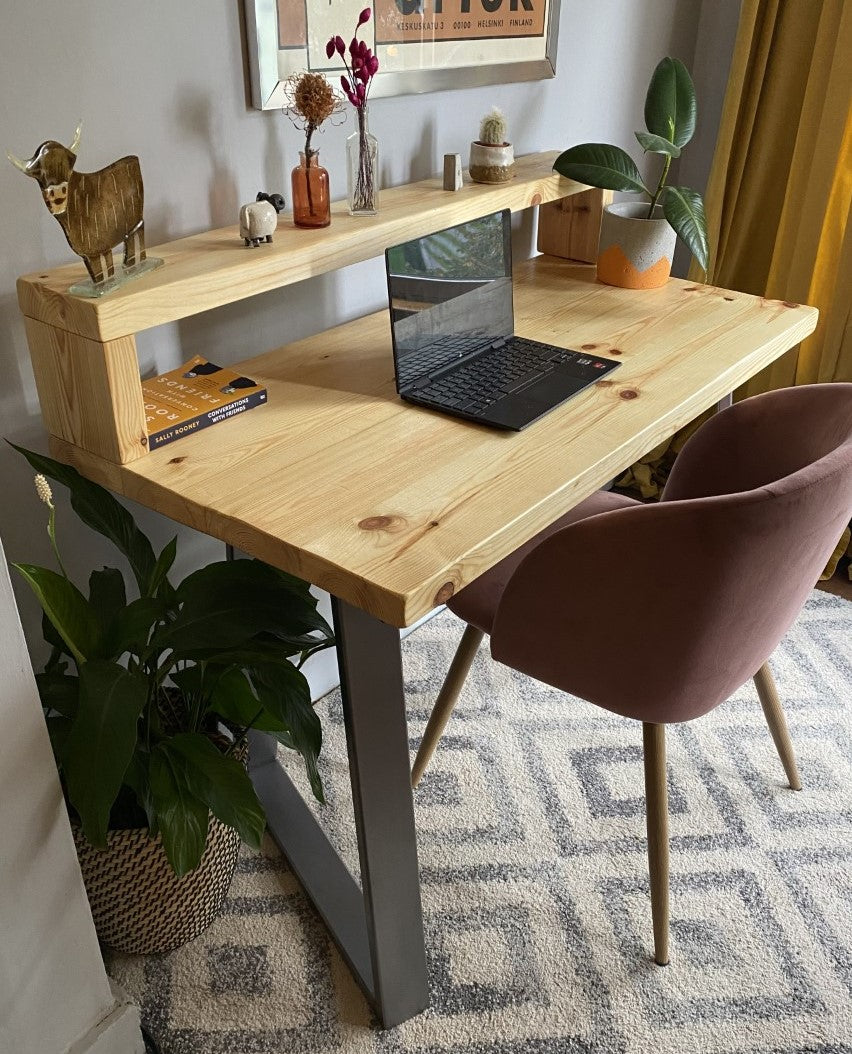 Industrial Redwood Pine Desks with Steel Trapezium Frame Legs - Mid-Century Modern Home Office Furniture Shelf Desk Scandi Style