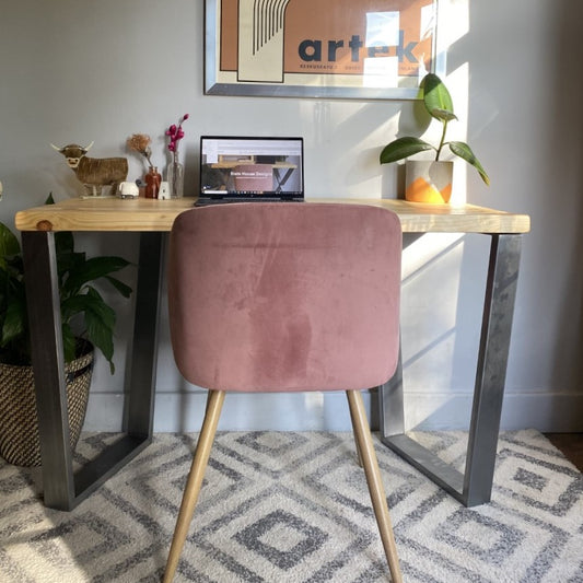 Industrial Redwood Pine Desks with Steel V Frame Legs - Mid-Century Modern Home Office Furniture Scandi Style