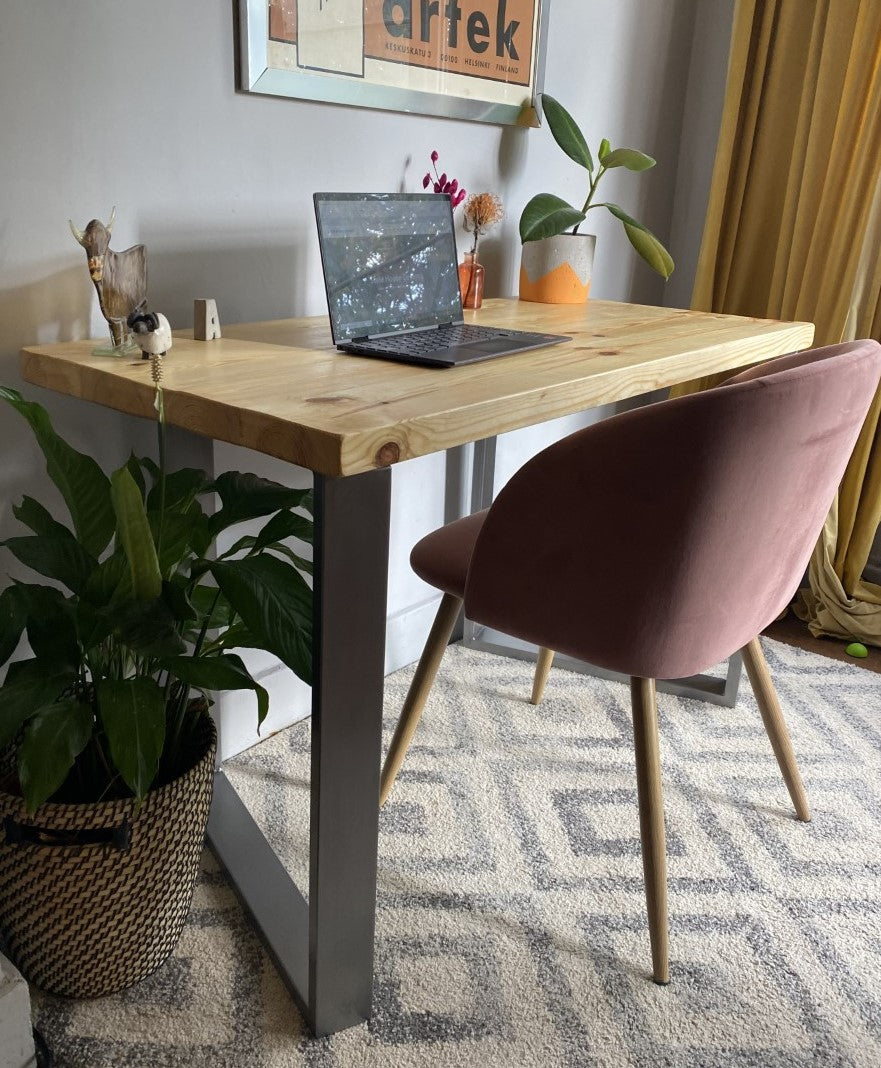 Industrial Redwood Pine Desks with Steel Square Frame Legs - Mid-Century Modern Home Office Furniture Scandi Style