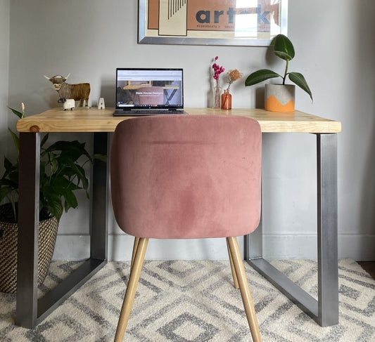 Industrial Redwood Pine Desks with Steel Square Frame Legs - Mid-Century Modern Home Office Furniture Scandi Style