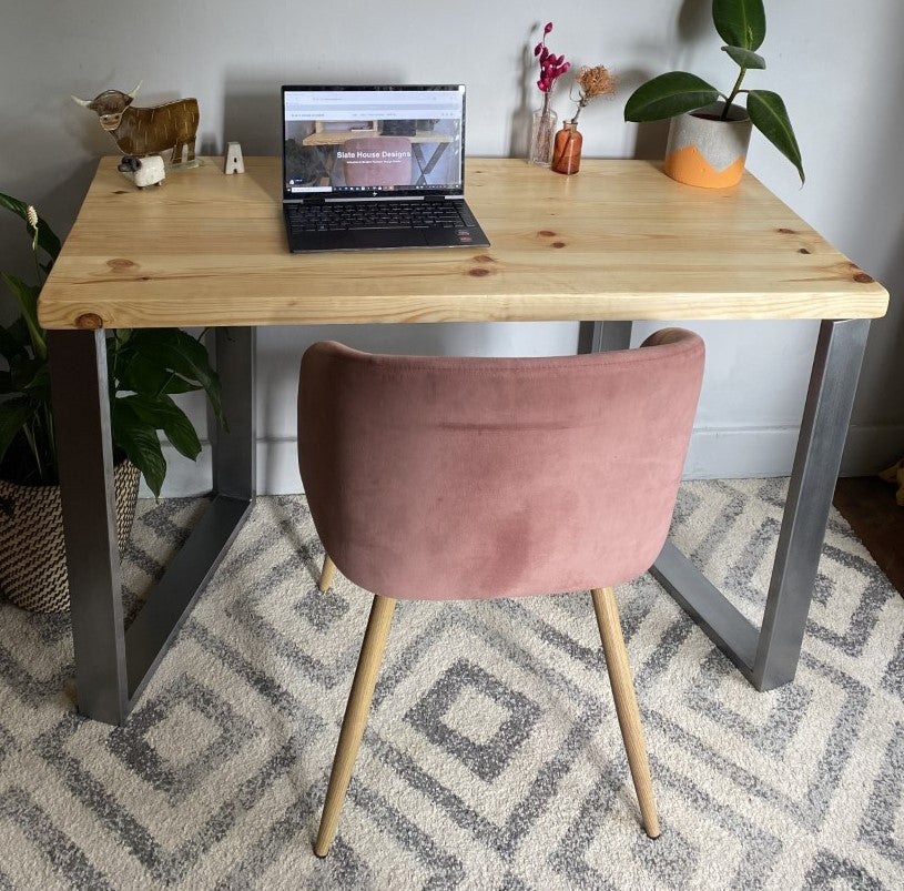 Industrial Redwood Pine Desks with Steel Square Frame Legs - Mid-Century Modern Home Office Furniture Scandi Style