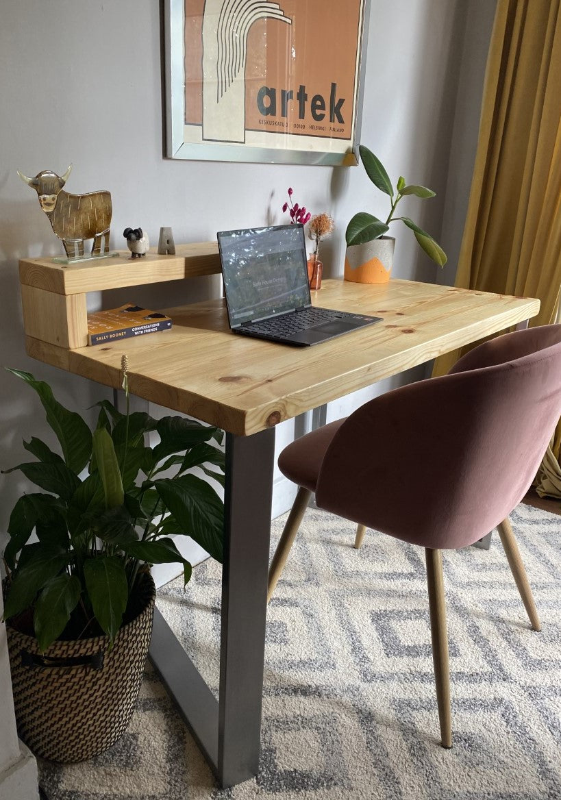 Industrial Redwood Pine Desks with Steel Square Frame Legs - Mid-Century Modern Home Office Furniture Shelf Half Desk Scandi Style