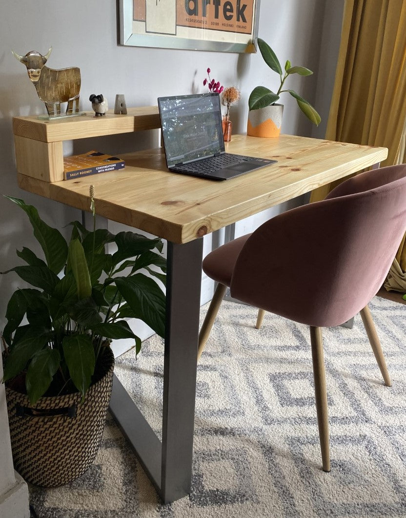 Industrial Redwood Pine Desks with Steel Square Frame Legs - Mid-Century Modern Home Office Furniture Shelf Half Desk Scandi Style