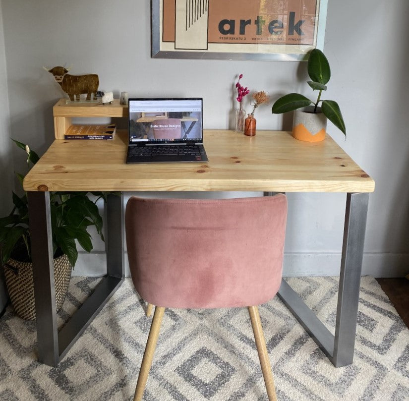 Industrial Redwood Pine Desks with Steel Square Frame Legs - Mid-Century Modern Home Office Furniture Shelf Half Desk Scandi Style