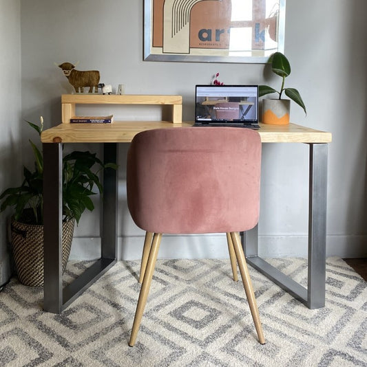 Industrial Redwood Pine Desks with Steel Square Frame Legs - Mid-Century Modern Home Office Furniture Shelf Half Desk Scandi Style