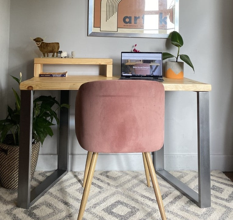 Industrial Redwood Pine Desks with Steel Square Frame Legs - Mid-Century Modern Home Office Furniture Shelf Half Desk Scandi Style