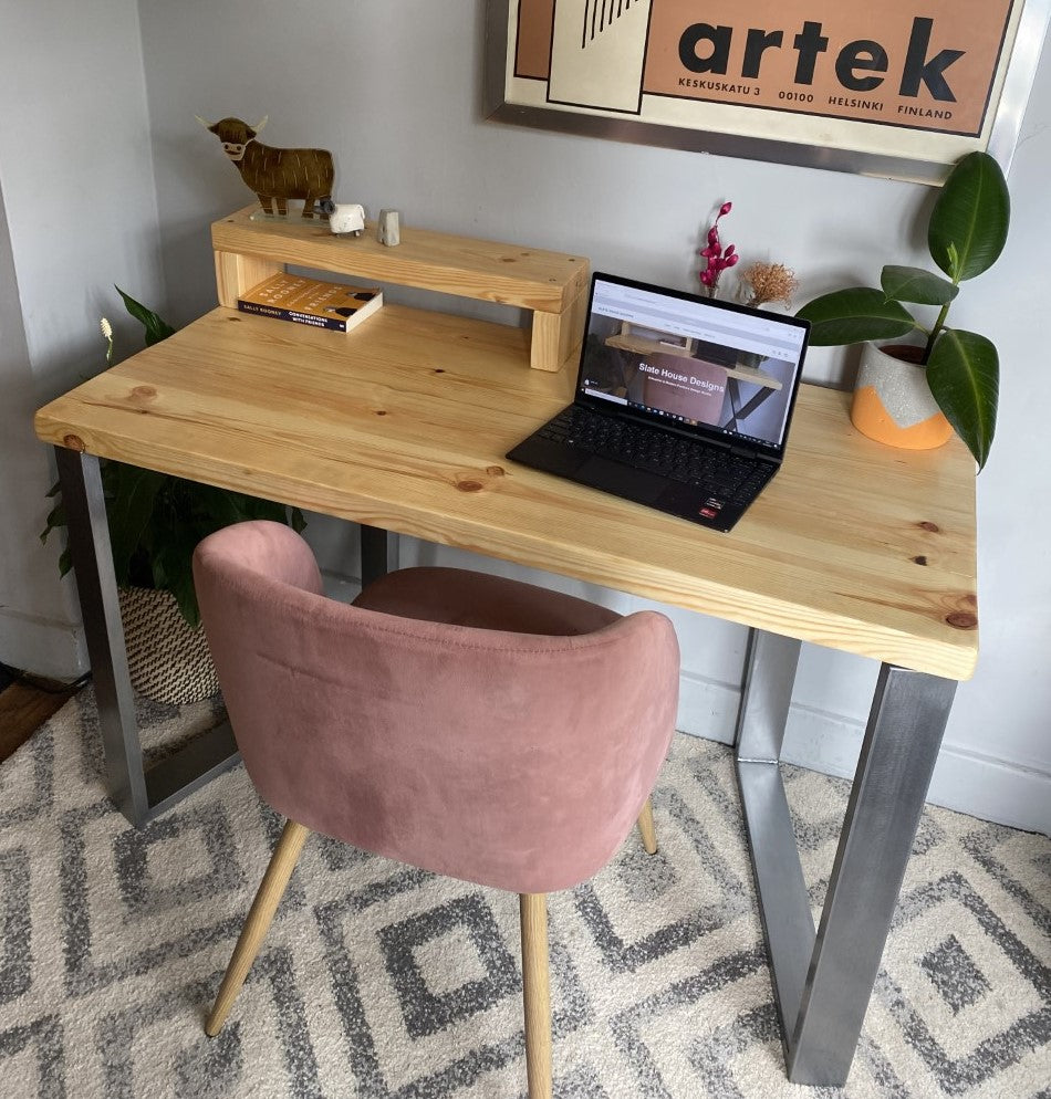 Industrial Redwood Pine Desks with Steel Square Frame Legs - Mid-Century Modern Home Office Furniture Shelf Half Desk Scandi Style