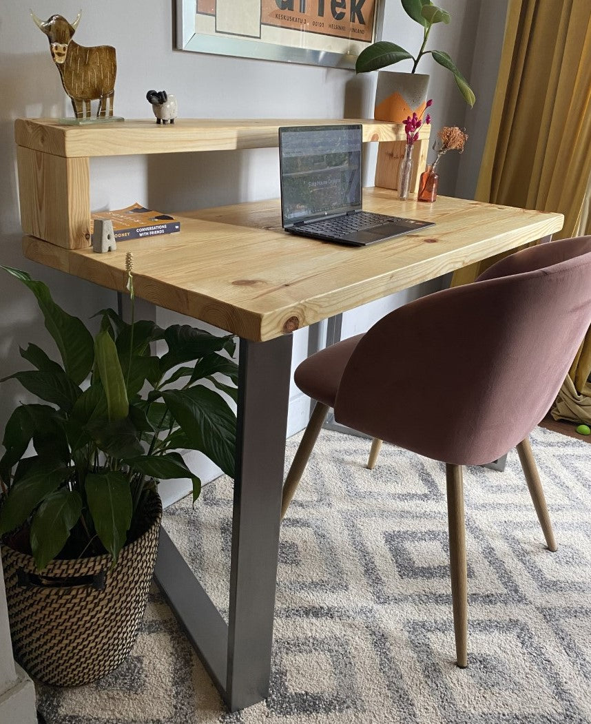 Industrial Redwood Pine Desks with Steel Square Frame Legs - Mid-Century Modern Home Office Furniture Shelf Desk Scandi Style