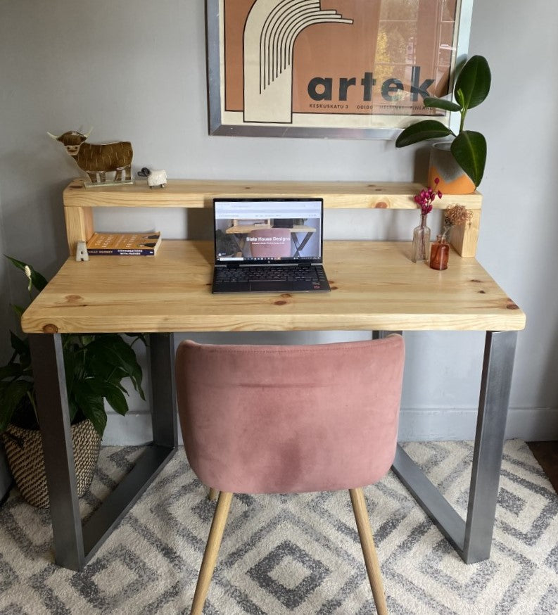 Industrial Redwood Pine Desks with Steel Square Frame Legs - Mid-Century Modern Home Office Furniture Shelf Desk Scandi Style