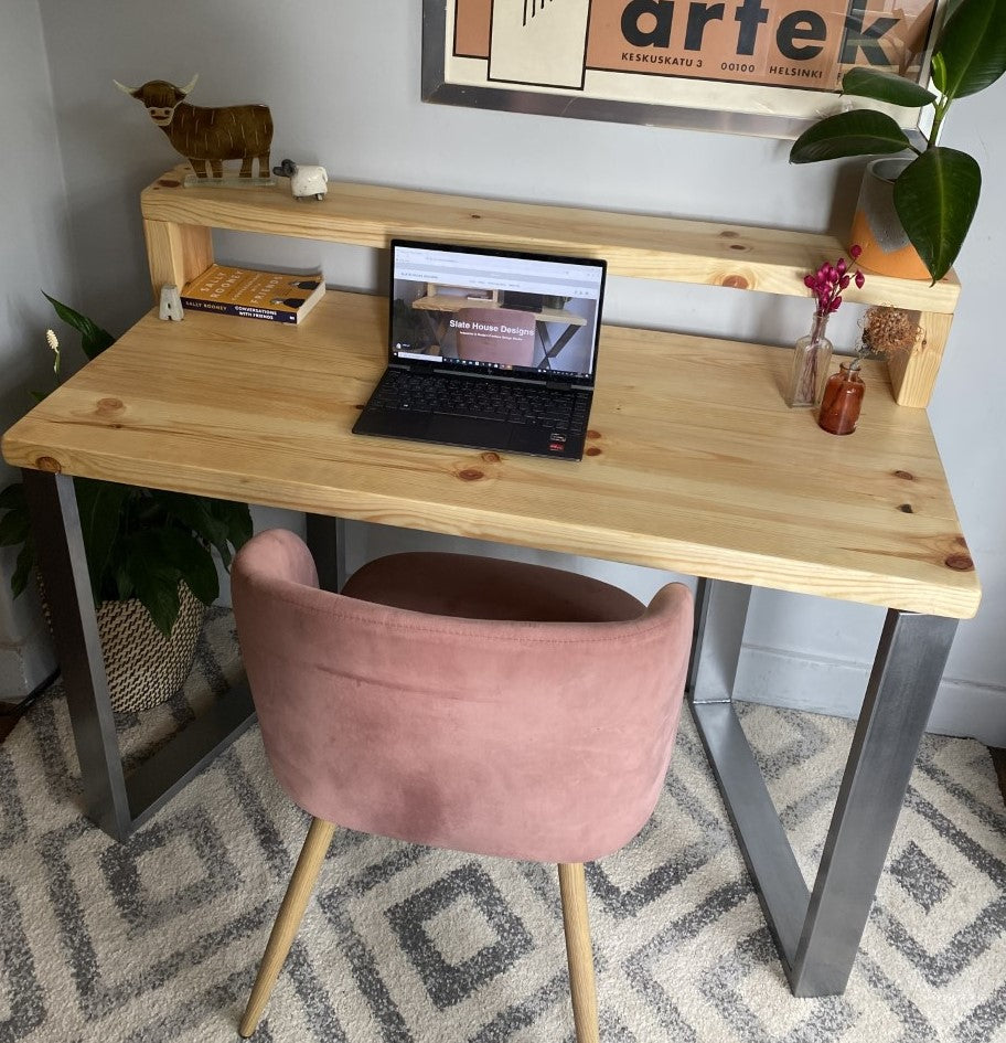 Industrial Redwood Pine Desks with Steel Square Frame Legs - Mid-Century Modern Home Office Furniture Shelf Desk Scandi Style